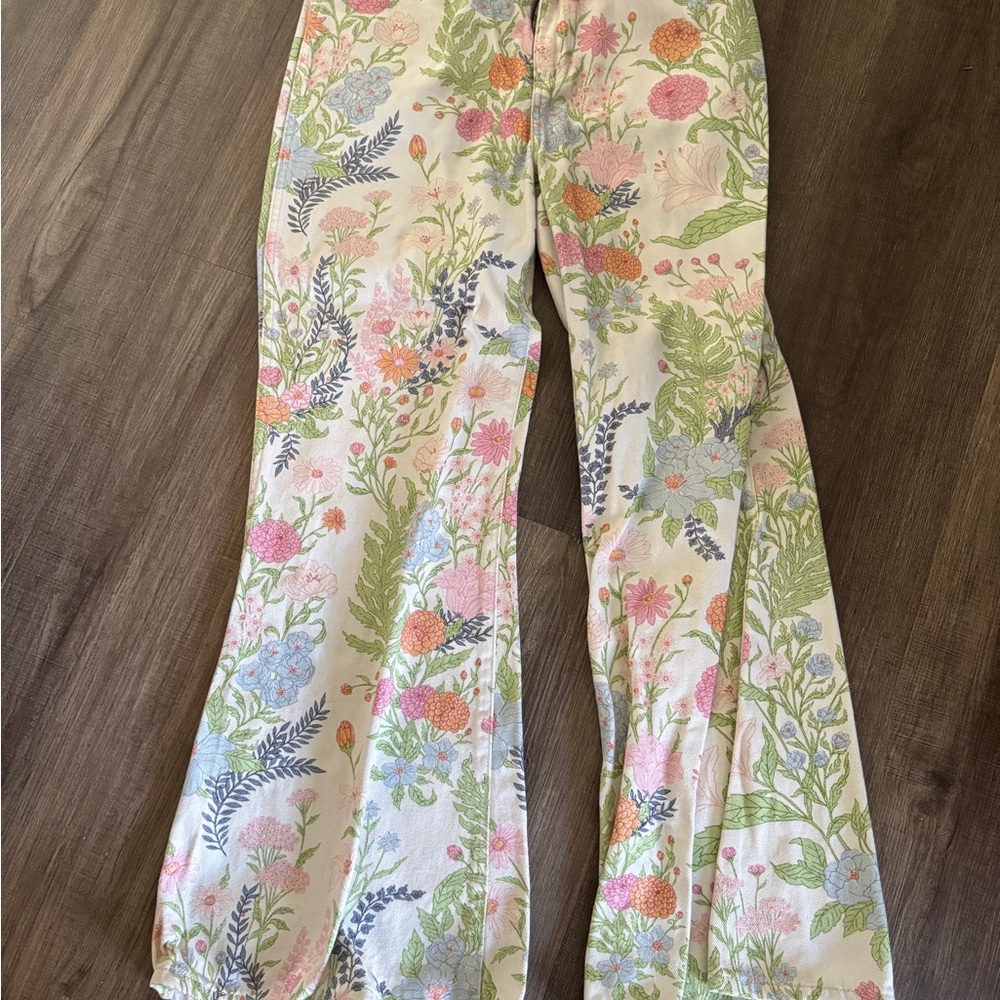 Wrangler Floral High-Rise Wide Leg Pants in Cream with Pink & Green